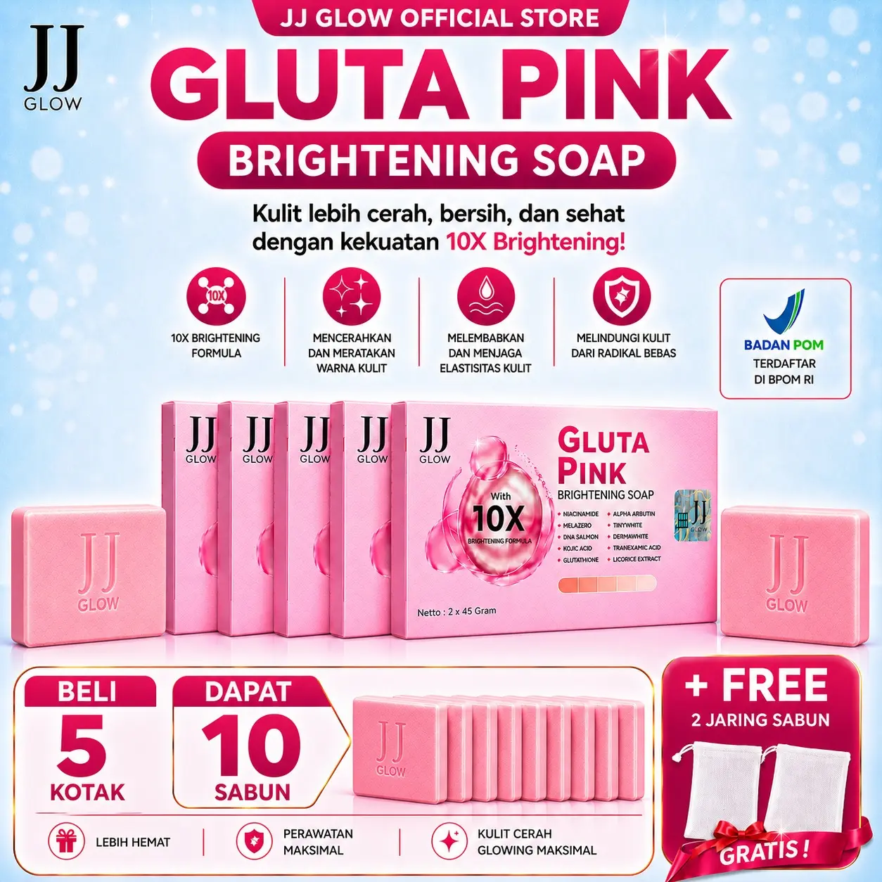 JJ Glow Sabun Gluta Pink Barsoap dengan Niacinamide dan Formula Pencerah 10X | Beli 5 Box Dapat 10 Sabun + 2 Jaring Mandi
