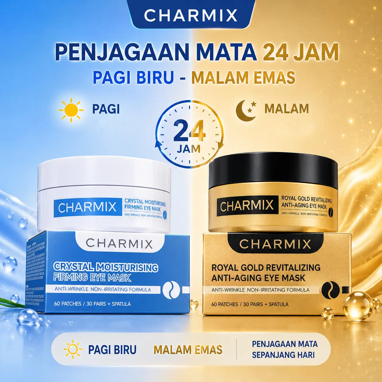 CHARMIX Augenpads | 24-Stunden-Augenpflege | Blau: feuchtigkeitsspendend + Gold: revitalisierend | 2 Varianten
