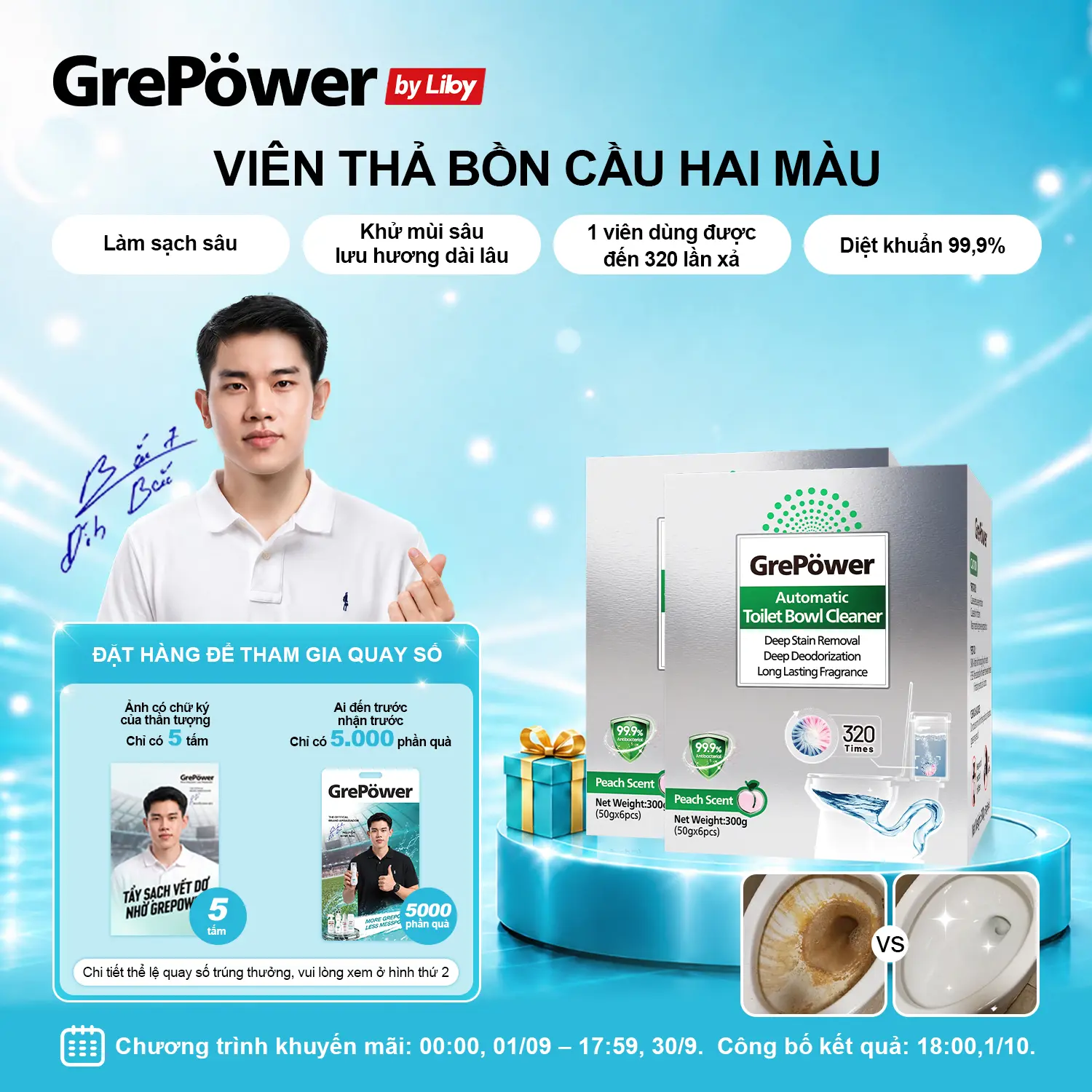 Grepower Viên Thả Bồn Cầu Liby 2 Màu – GẤP ĐÔI HIỆU QUẢ: Vừa TẨY CẶN vừa KHỬ MÙI!-D3
