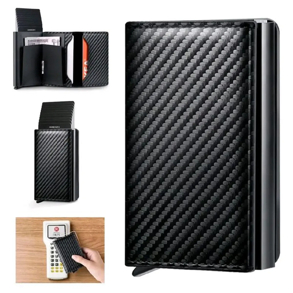 Schmale Herren-Geldbörse mit Kartenetui aus Leder und Carbonfaser | minimalistisches Design, Platz für 9–14 Karten, Sichtfenster für Ausweis, Geldscheinfach, RFID und AirTag-Zubehör