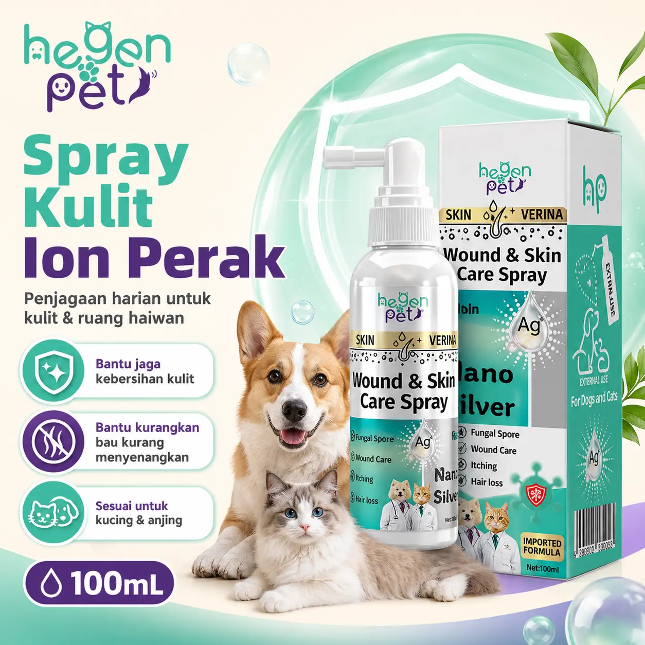 Hegen Pet Spray Perawatan Kulit Nano Silver untuk Kucing & Anjing 100 ml