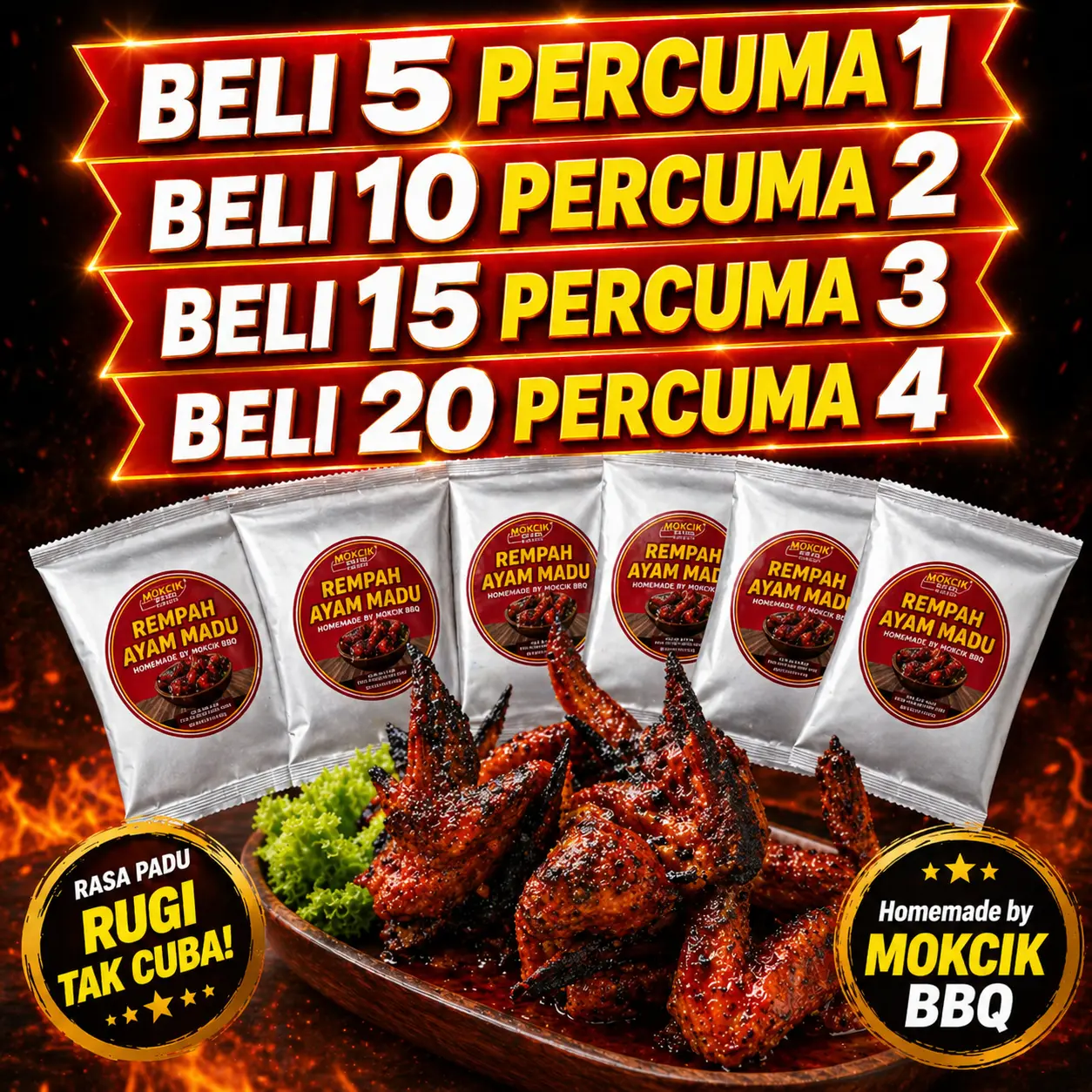Rempah AyamMadu Homemade by Mokcik BBQ Honey-Chicken Marinade Powder, 25gm, for Grilling or Frying