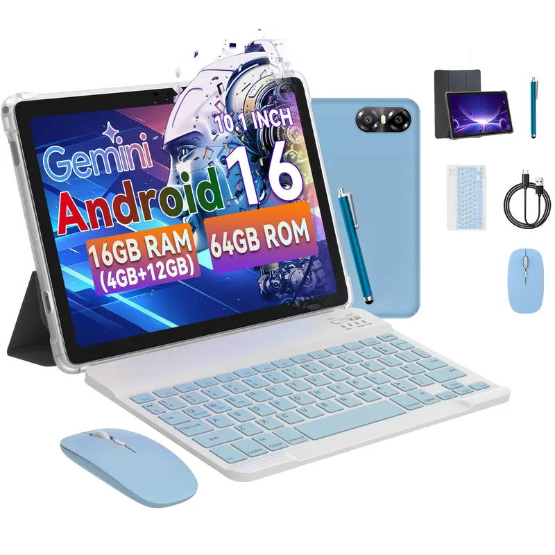 PRITOM Android 16 10.1-inch Wi-Fi Tablet, GMS Certified with Google Play, 16GB + 64GB, 6000mAh Battery, 2MP + 8MP Cameras, Keyboard, Stylus, Case and Mouse