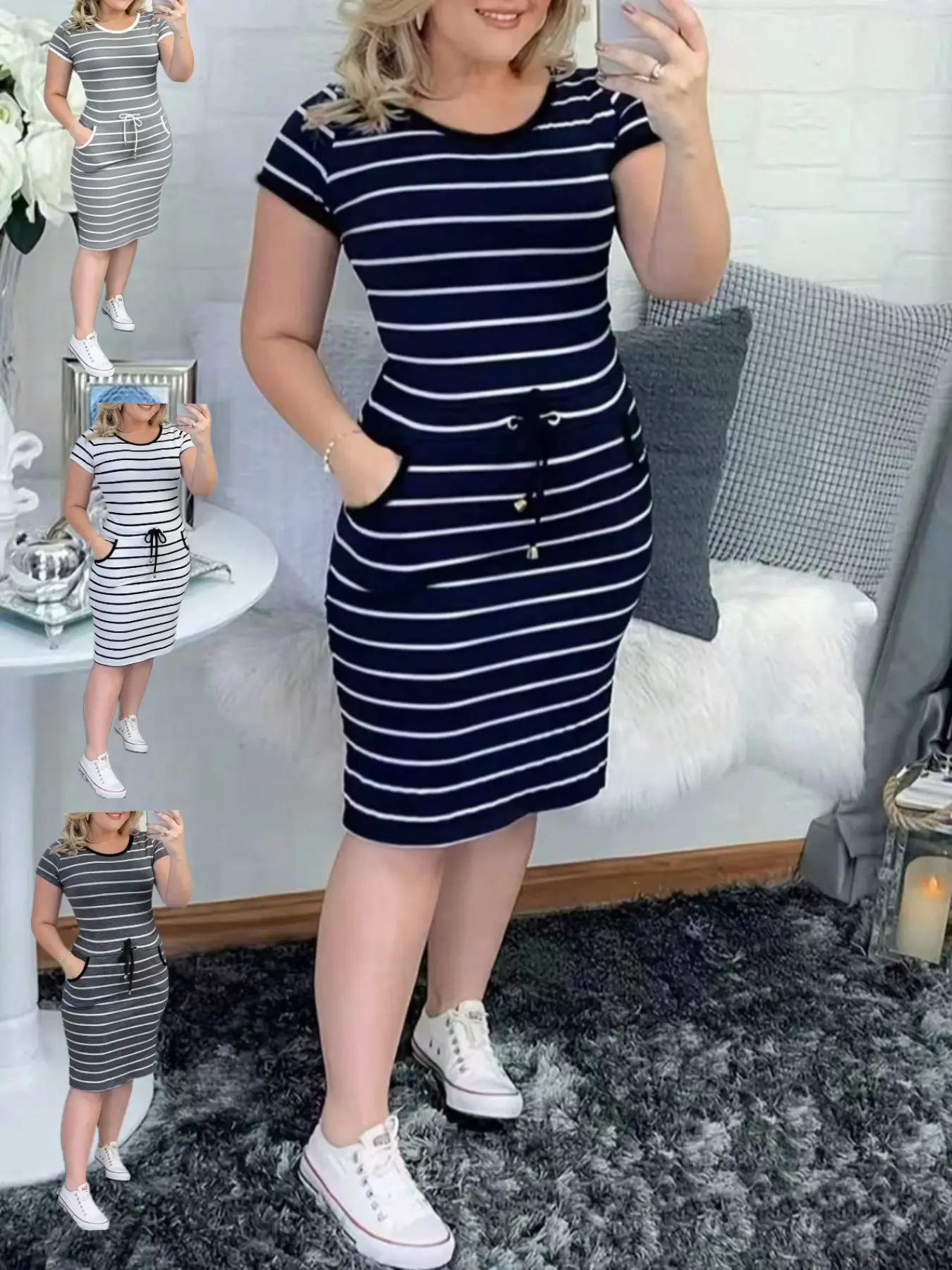 Vestido ajustado 2026 casual con bolsillos dobles, solapa y botones, estampado de cuadros y cordón ajustable; diseño elegante y cómodo, perfecto para uso diario