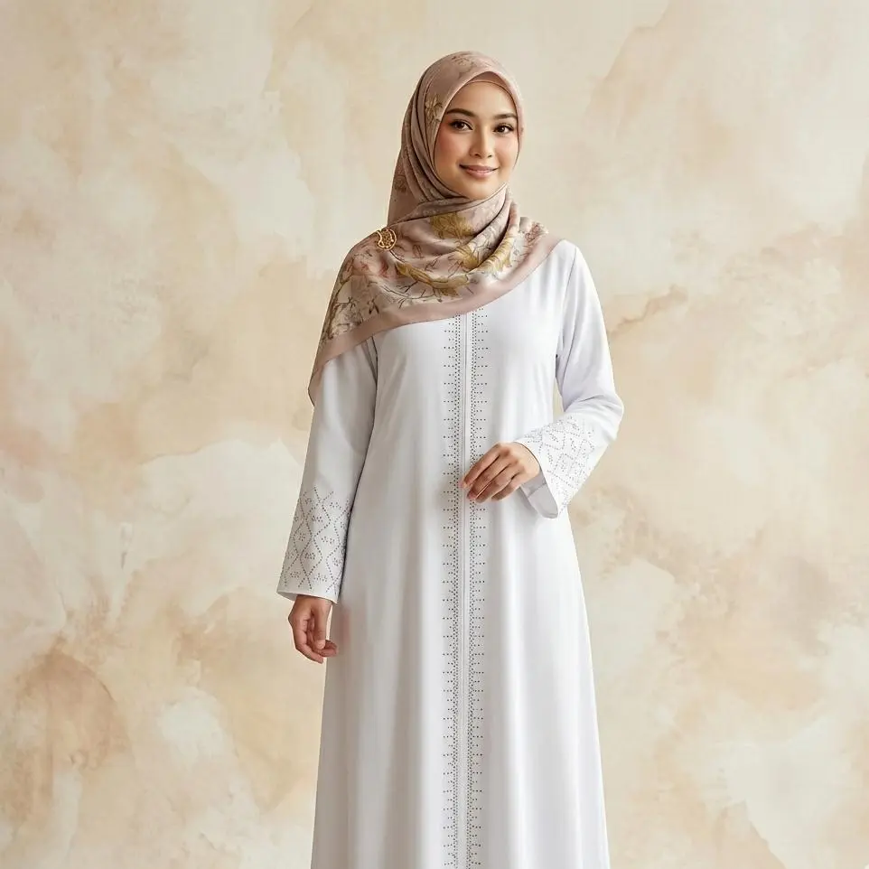 Abaya Shabira Gamis Maxy blanca para mujer adulta, tela Sabrina prémium, elegante y cómoda para Umrah, Hajj y Eid, apta para lactancia