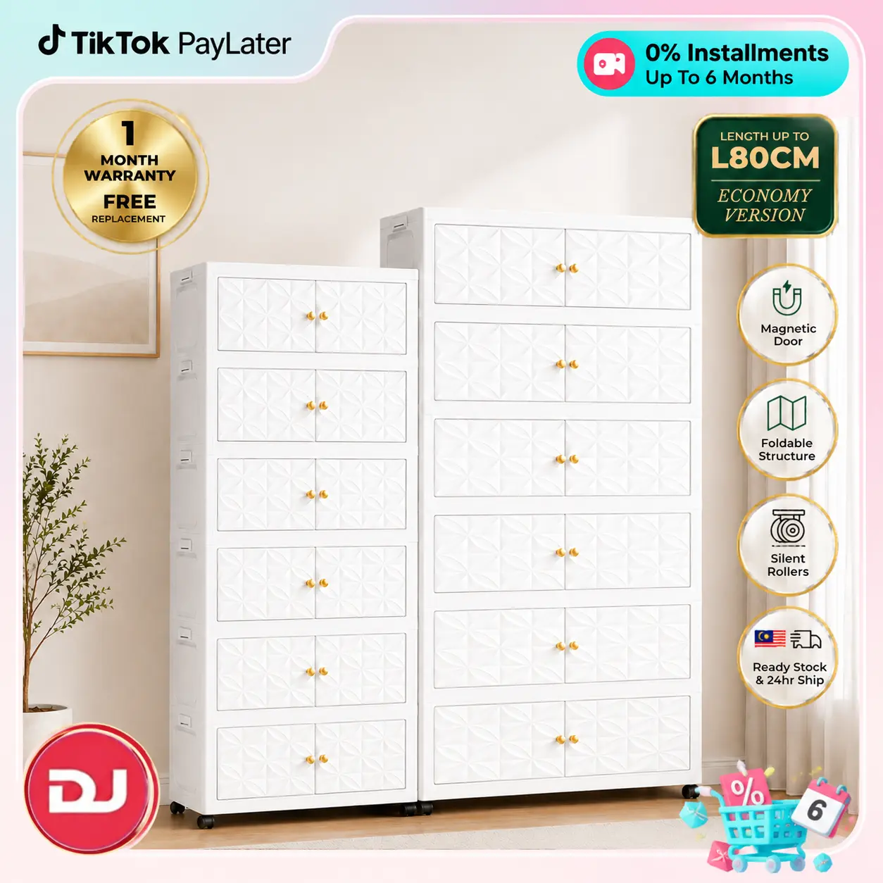 【Eksklusif DJ】【DESAIN BUNGA】60&80cm (1/4/5/6Layers) Lemari Penyimpanan Serbaguna Lipat Bertumpuk 2 Pintu dengan Roda, Rak Penyimpanan Mudah Dipasang Kapasitas Besar untuk Pakaian & Barang Rumah Tangga, Lemari Baju