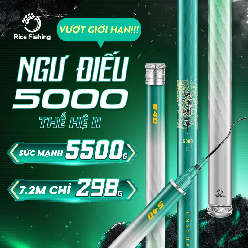 Cần câu đài NGƯ ĐIẾU 5000 thế hệ II carbon 30T+40T săn hàng cá lớn RICE FISHING CC-50