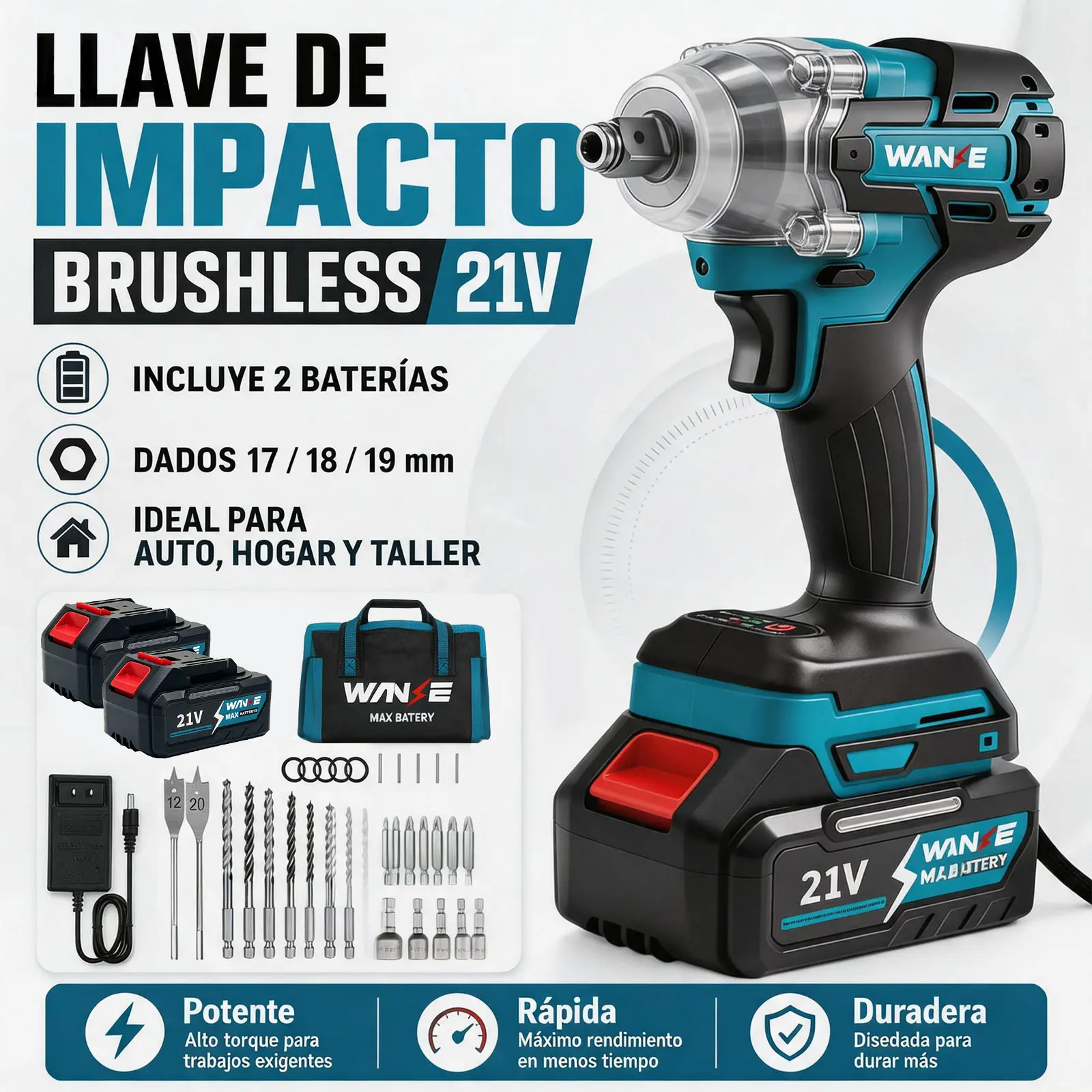 WANSE Llave de Impacto Inalámbrica 2 en 1 - 7500mAh x2 Baterías, Motor Brushless Sin Escobillas - Taladro Atornillador + Pistola de Impacto, Kit Completo de Herramientas Eléctricas