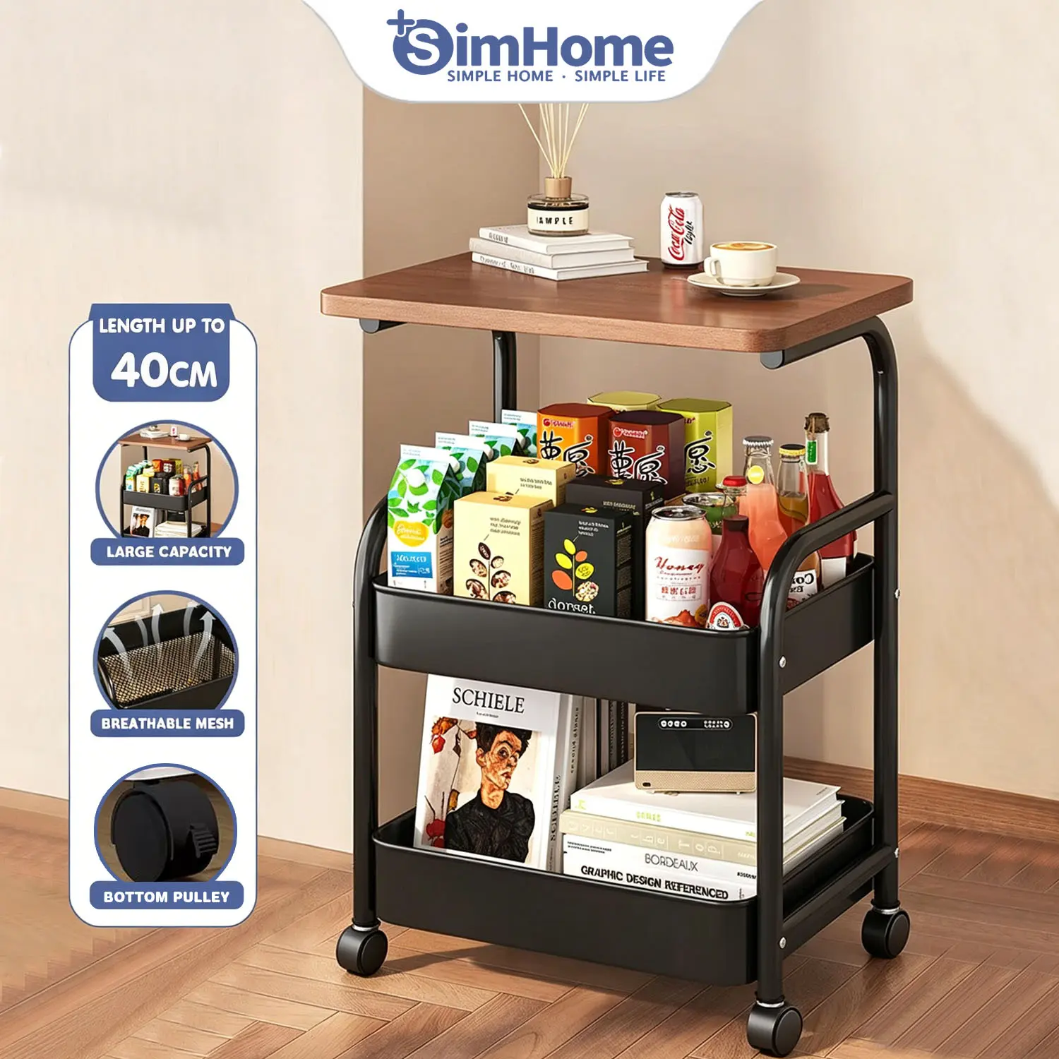 SimHome Sofa Side Rack Troli Dapur Bedroom Storage Cart Meja Kecil Tepi Katil Office Trolley Storage Rack With Table  Household Snack Cart Bedroom Bedside Table  Kitchen Storage Rack
