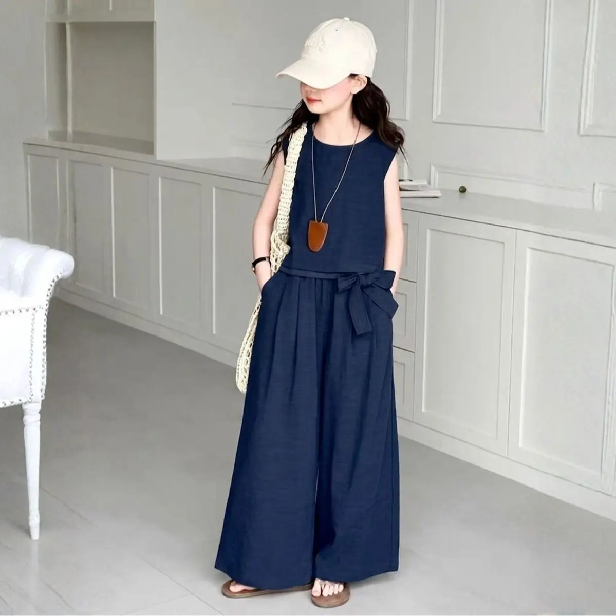 Cantika Girls' Top and Long Trousers Set, Ages 7–14, Soft Premium Polo Linen Fabric
