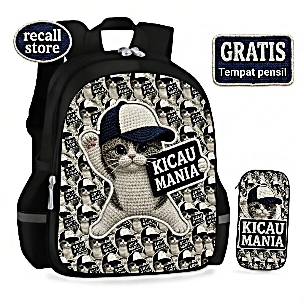 Kindergarten and Primary School Backpack with Cat or Glasses Girl Character, Free Pencil Case