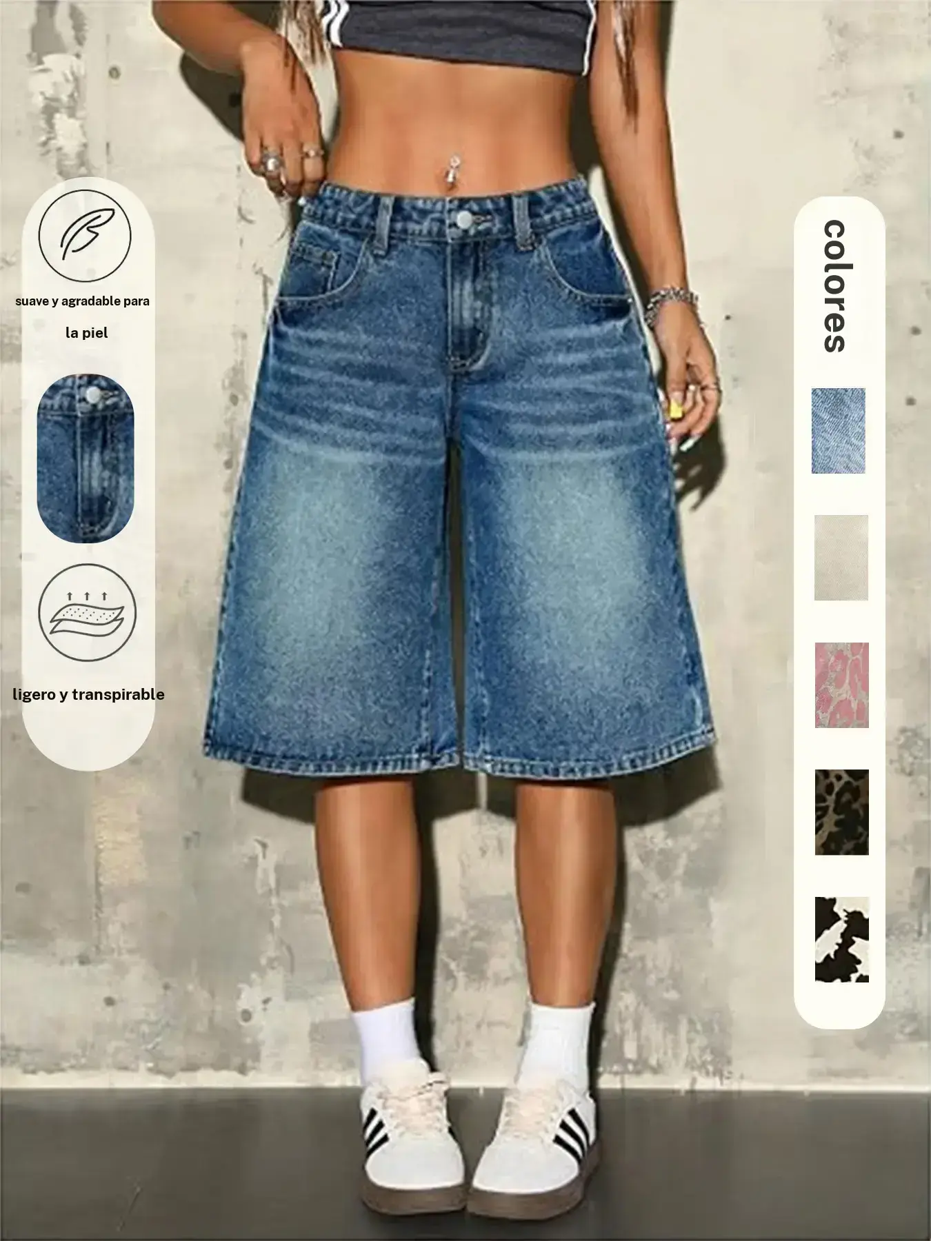 Women's Y2K Skate Denim Shorts, Vintage Washed Gradient, Loose Wide-Leg Fit, Heavyweight Streetwear Denim
