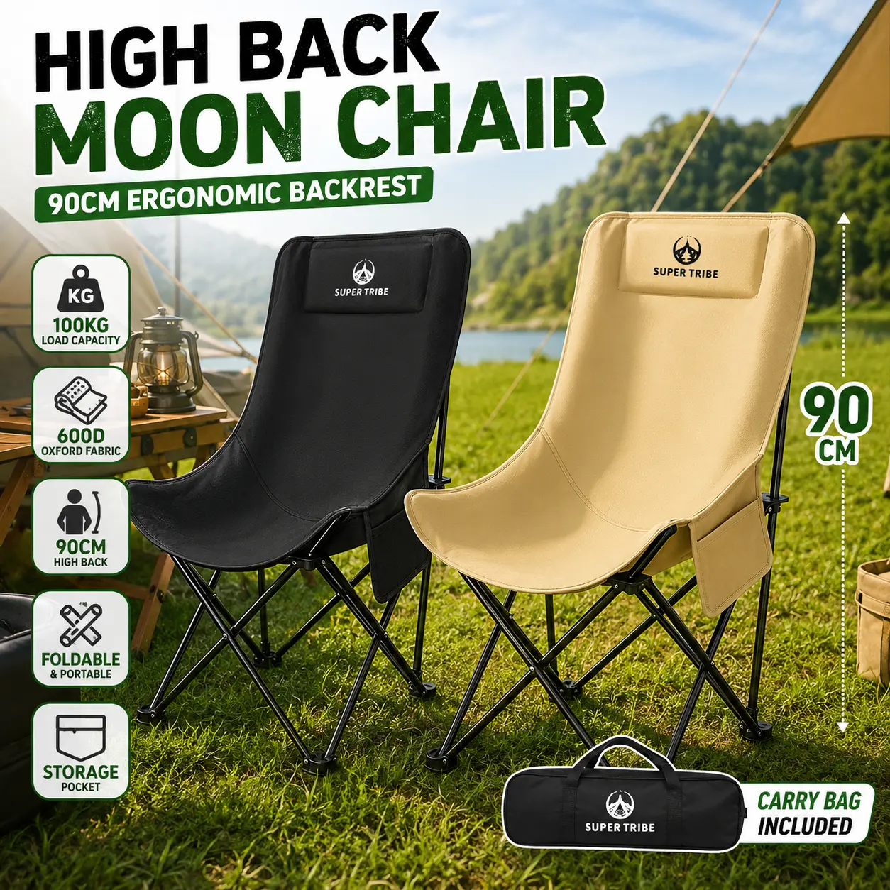 Super Tribe fauteuil lune pliant à dossier haut, assise et position inclinée, chaise de repos pour camping, pique-nique et voyage