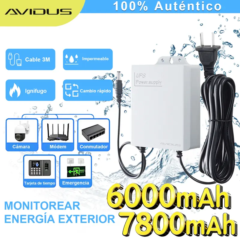 Mini no-break Avidus de 12 V y 1,5 A con batería integrada, compatible con routers WiFi, módems y cámaras IP de vigilancia exterior CCTV; luz de emergencia para apagones, resistente a altas temperaturas y al fuego, listo para usar (Plug and Play)