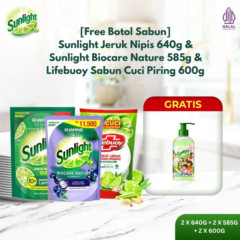 Paquete con botella de jabón gratis: Sunlight Lima 640 g ×2, Sunlight Biocare Nature 585 g ×2 y Lifebuoy lavavajillas 600 g ×2; o Sunlight Lima 640 g ×2, Sunlight Biocare Nature 585 g ×2 y Sunlight Extra Suave 600 g ×2