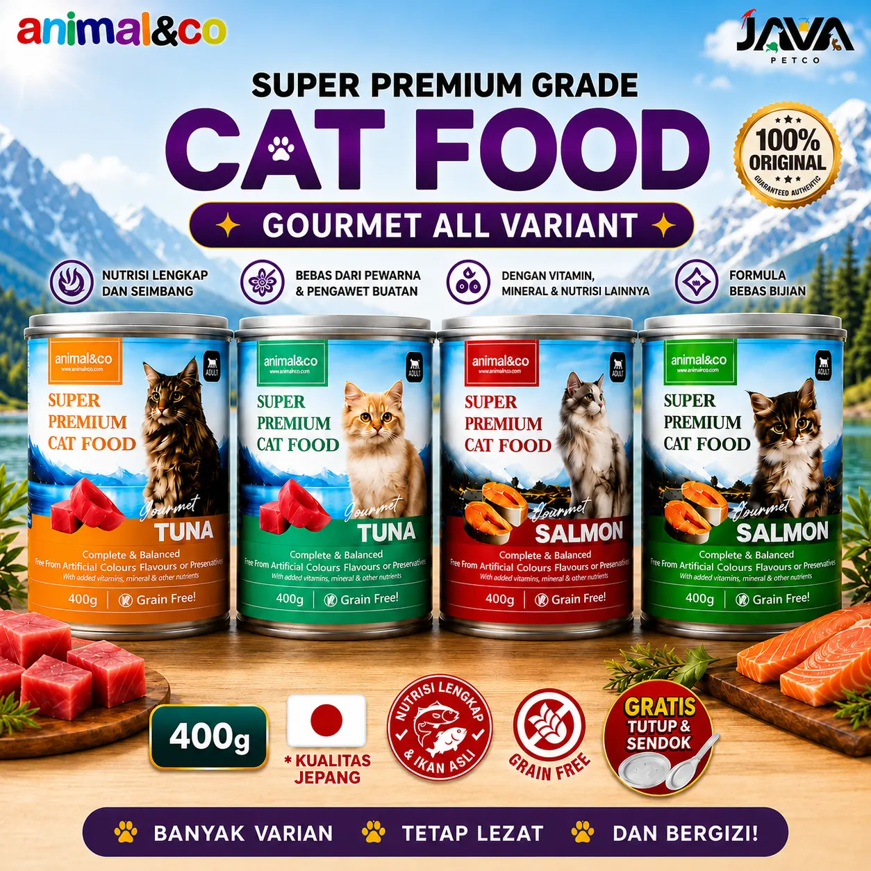 【ORIGINAL】 AnimalnCo Gourmet-Nassfutter für ausgewachsene Katzen, Thunfisch, getreidefrei, 1 Karton mit 24 Dosen à 400 g, Premium-Katzenfutter