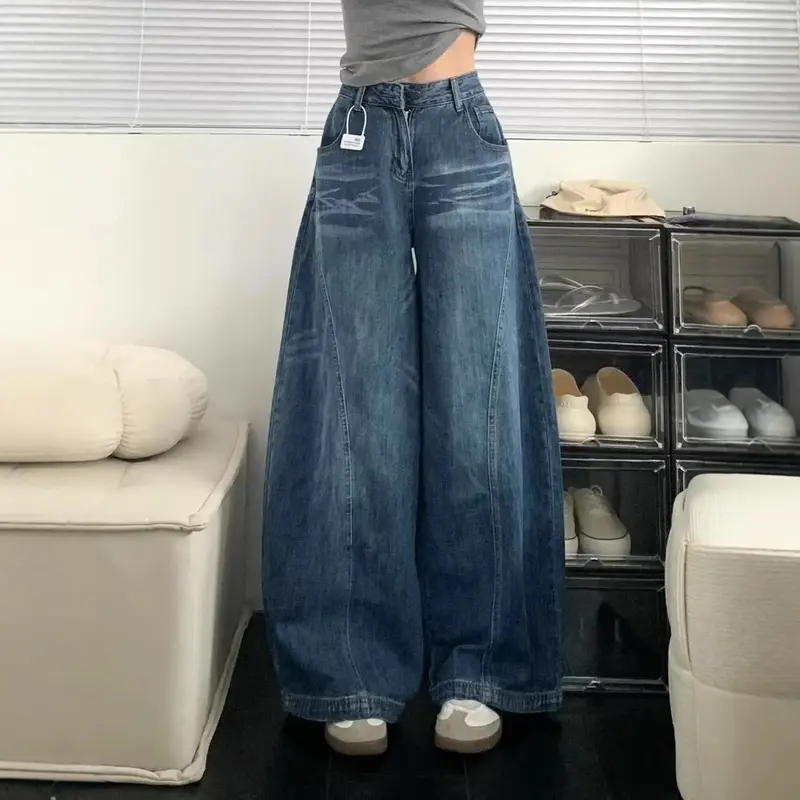 Washed wide-leg jeans for women, 2025 new model, petite straight loose jeans, high-waisted with a slimming effect