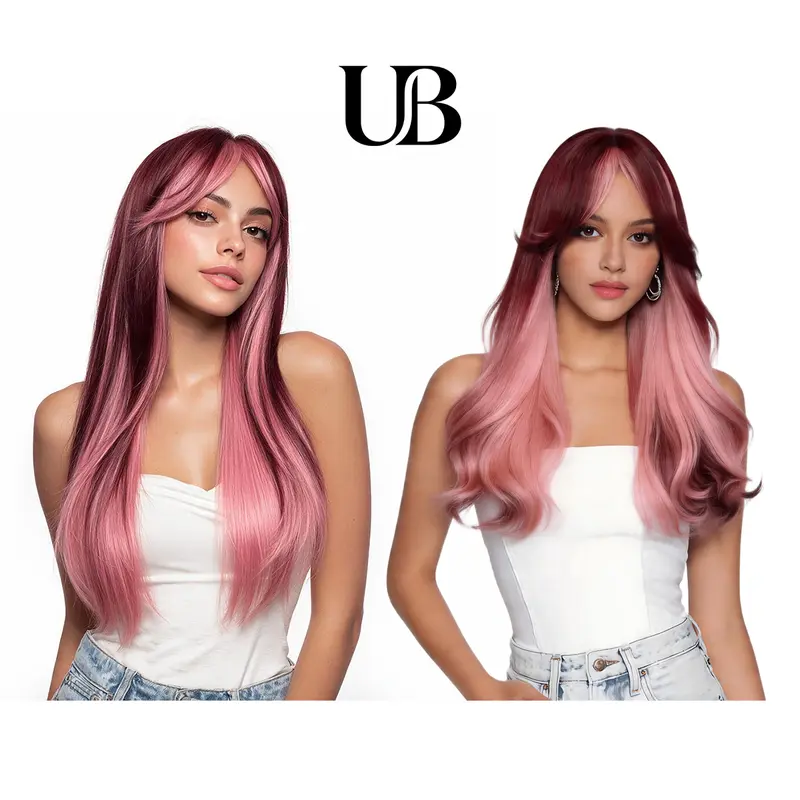 UBeauty Peluca De 66 CM, Rosa Con Mechas Rojo Cereza, Con Flequillo Y Termorresistente