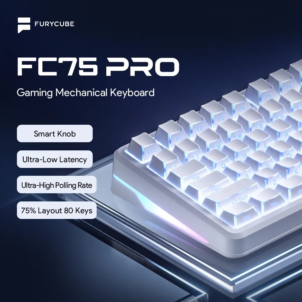 Teclado mecánico gaming FURYCUBE FC75 PRO con teclas PBT Fold Shadow, conexión trimodal Type-C/2.4G/BT5.0 por cable e inalámbrica, interruptores Glowing Purple y baja latencia