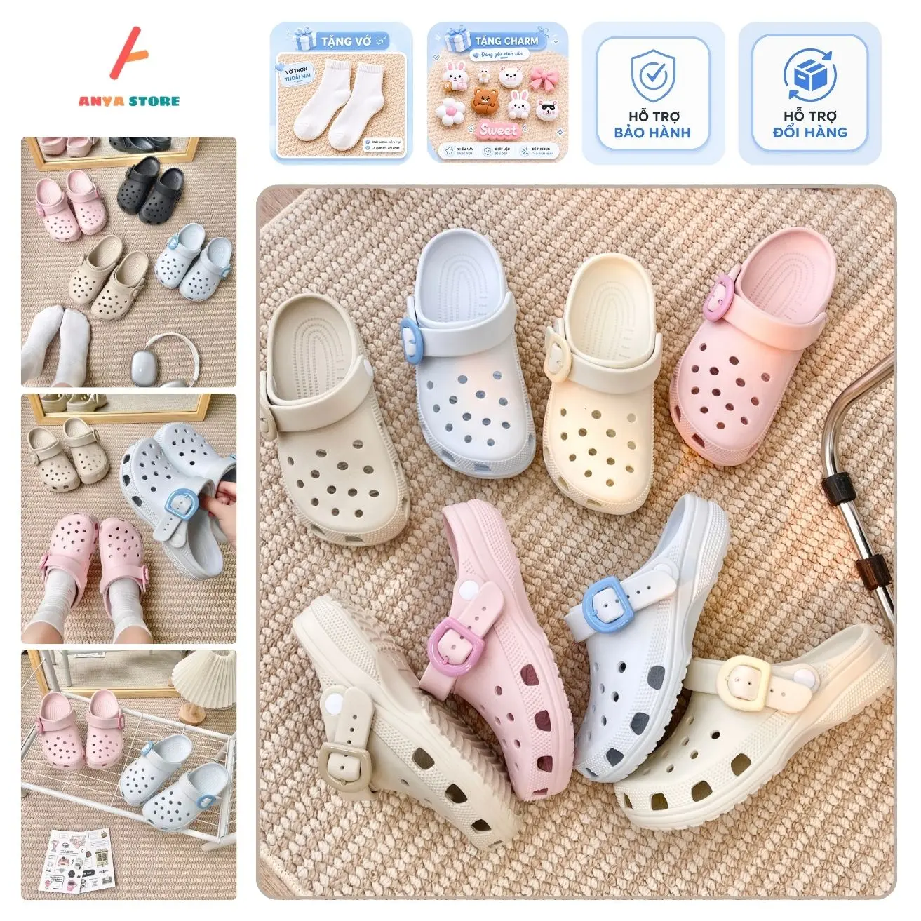 Anyastore [ Tặng Charm Ngẫu Nhiên, Vớ ] Dép sục ANYA Buckle Nam Nữ Có Khuy Cao 3cm Chất Liệu EVA An Toàn Nhẹ Êm - Hỗ Trợ Đổi Size - Bảo Hành