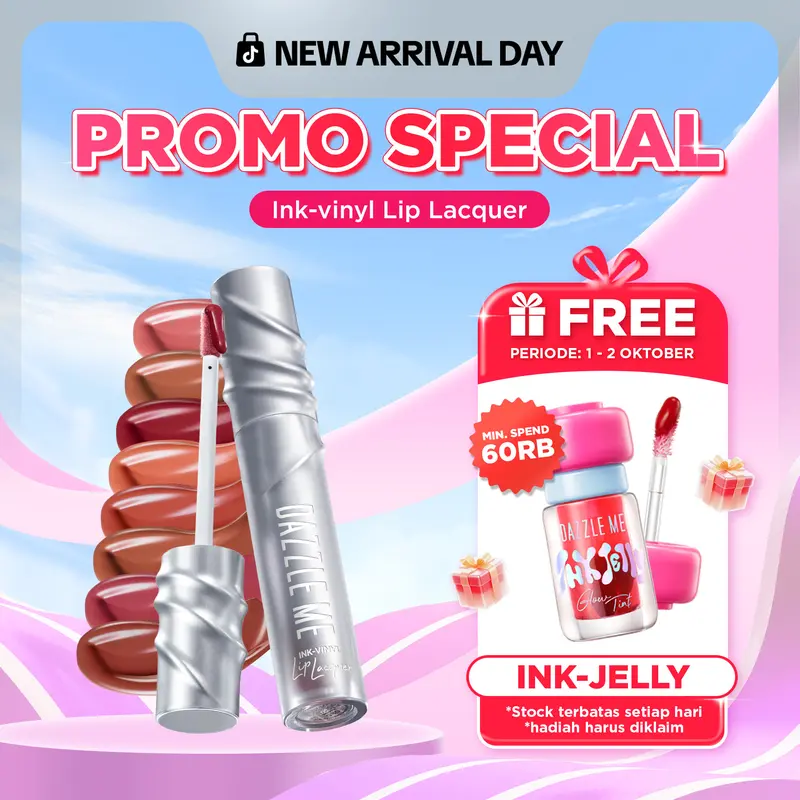DAZZLE ME Ink-Vinyl Lip Lacquer Lip Cream Lipstik Glossy Tahan Lama 16 Jam Lip Vinyl Transferproof Waterproof Anti Luntur Lipstick Lip Gloss Bibir Plump Non-Sticky Make Up Lip