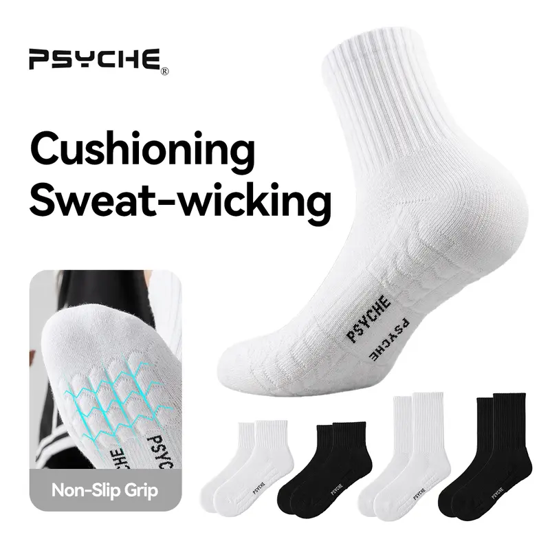 PSYCHE 6-Pair Men’s and Women’s Non-Slip Sports Socks with Cushioned Terry Soles, White and Black, for Running and Basketball