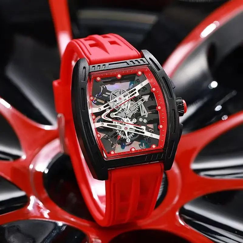 Men's Tonneau Skeleton Watch with Hollow Dial and Silicone Strap