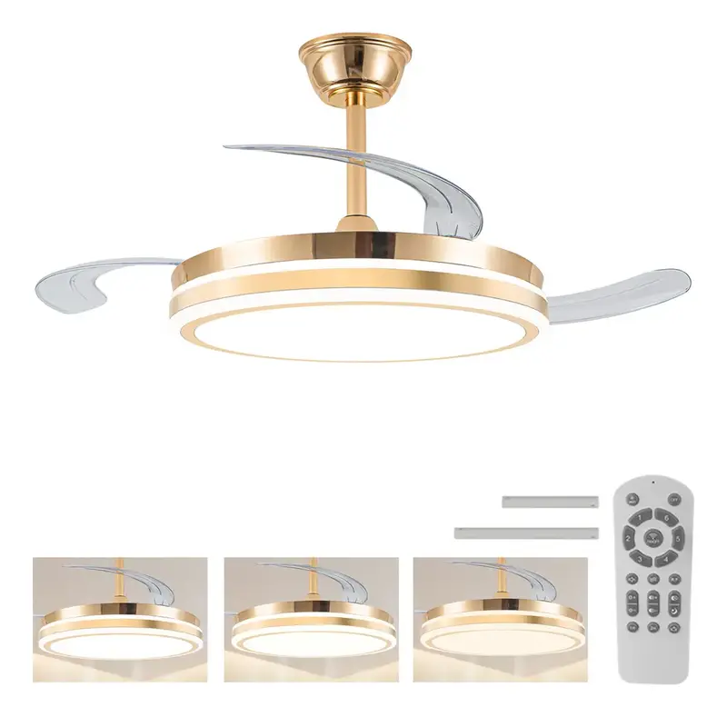 Nepul 106 cm Dual-Voltage Ceiling Fan with Remote, Retractable Blades and LED, White, Silver or Gold