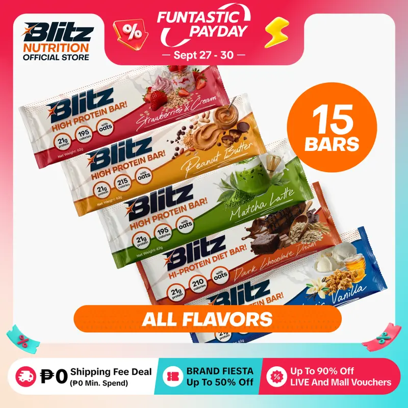 [15-Bars ALL FLAVORS] Blitz Protein Bar Variety Bundle (3 of each flavor, Strawberry, Peanut Butter, Chocolate, Matcha, & Vanilla) - FDA Approved Whey Protein Bar
