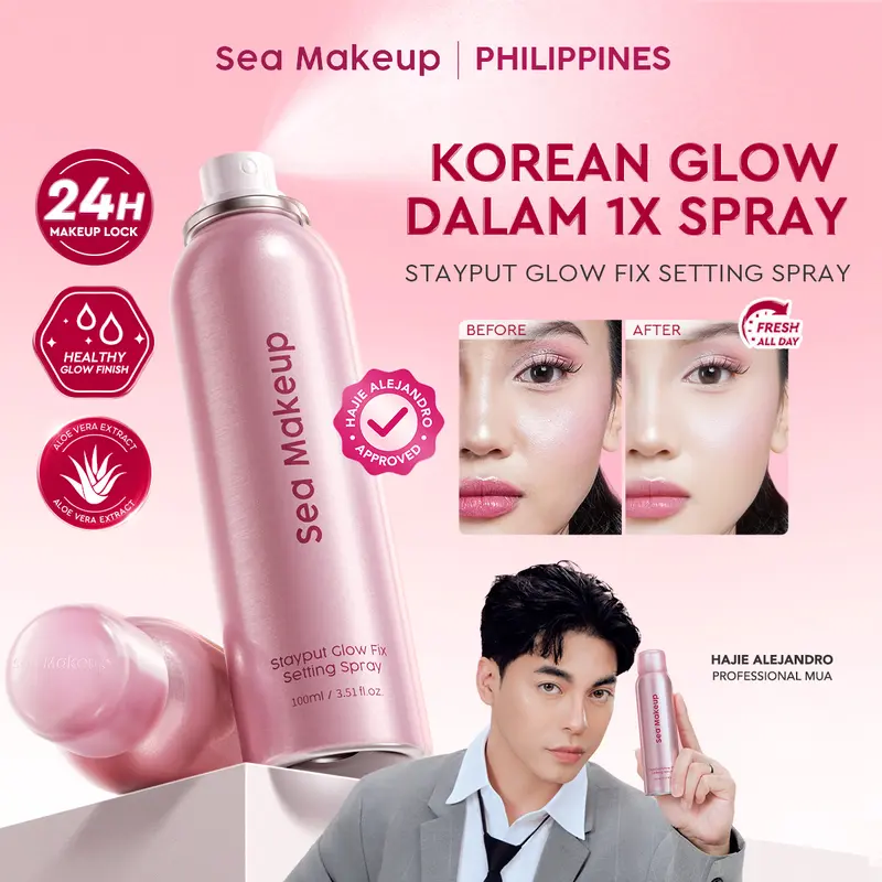 Sea Makeup Stayput Glow Fix Setting Spray, 100 ml, HAJIE ALEJANDRO Approved, 24H Wear, Fine Mist, Hydrating Glowing Finish