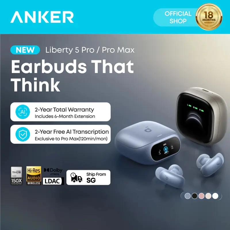 Earbud Nirkabel Anker soundcore Liberty 5 Pro/Pro Max D1203/D1204, Kualitas Panggilan Bersertifikat Guinness World Records, Chip Anker Thus AI, Peredam Bising Aktif, Suara Panggilan Jernih untuk Perjalanan dan Lingkungan Bising