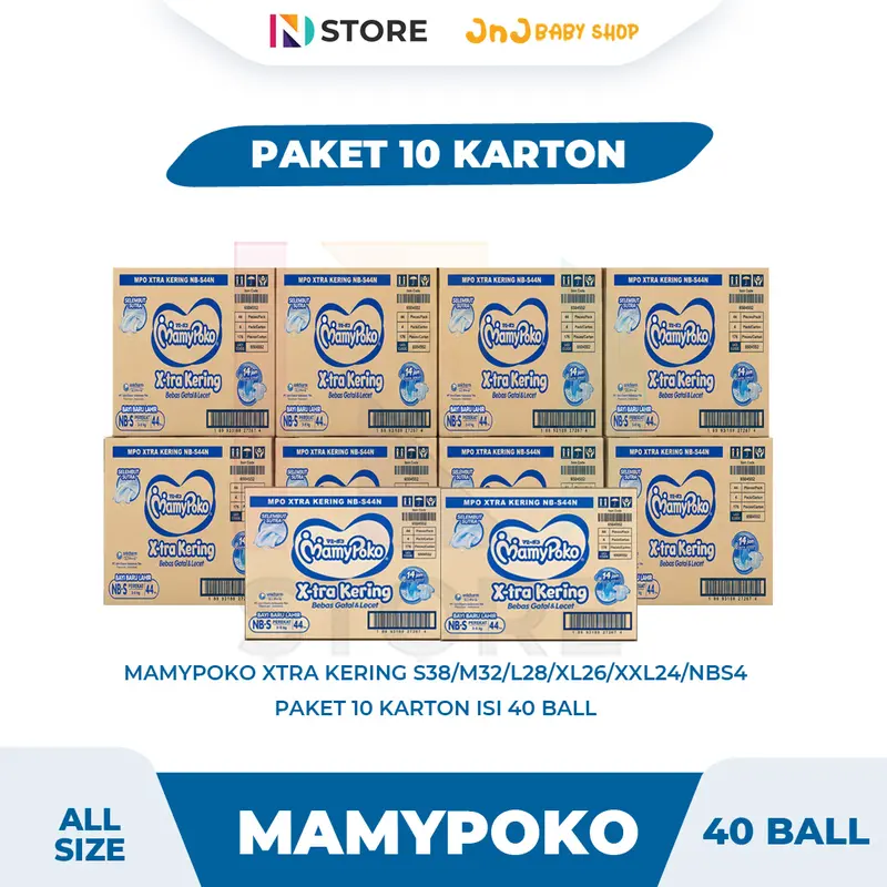 MamyPoko Xtra Dry Diapers, 10-Carton Pack, Sizes S38/M32/L28/XL26/XXL24/NBS44