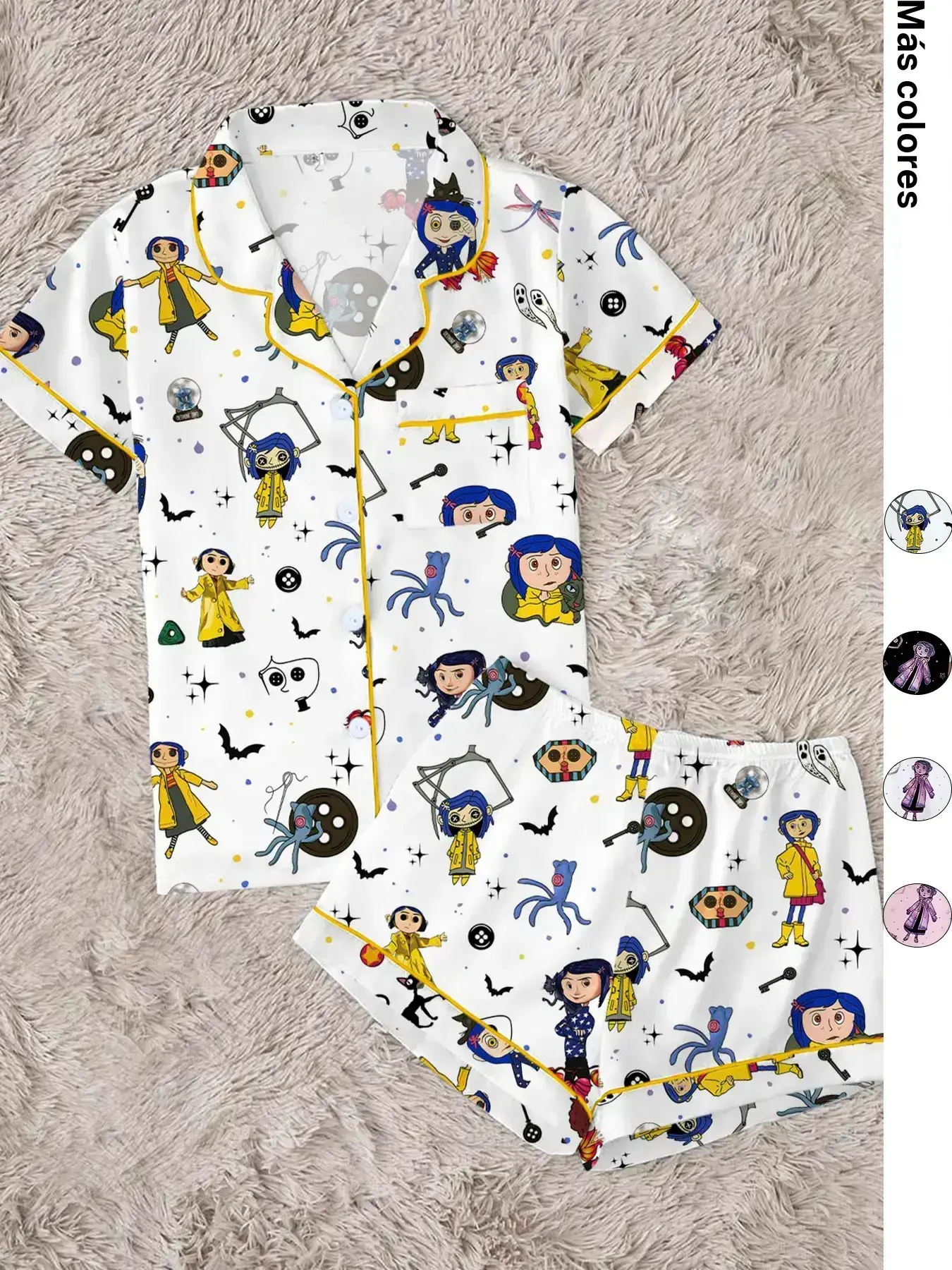 Conjunto de pijama para mujer de Halloween con impresión de aventura fantasía y niña de dibujos animados, dos piezas con manga corta y abertura frontal, acabado estilo gótico.
