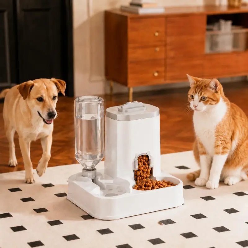 White Battery-Free Water Dispenser and Food Bowl for Dogs and Cats with Integrated Neck Protection