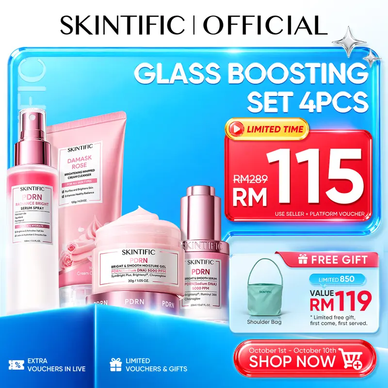 New SKINTIFIC 4-Piece Glass Boosting Set with PRRN Ampoule, Rose Cleanser and PDRN Skincare Options for Dull Skin