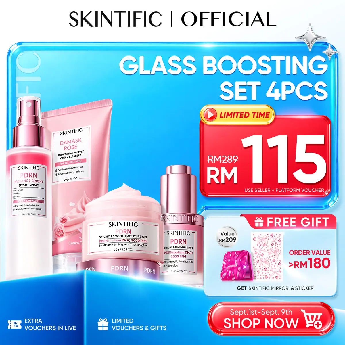 [Nouveau] SKINTIFIC Kit GLASS BOOSTING 4 pièces | Ampoule PDRN / Nettoyant rose / Hydratant PDRN / Spray sérum PDRN / Sérum PDRN / Patchs gelée PDRN | Éclat effet peau de verre, hydratation et peau lisse et lumineuse pour peau terne