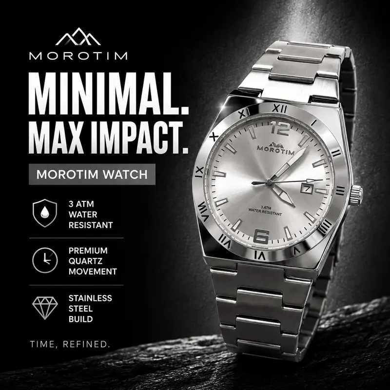 [100% Water Resistant] MOROTIM Men's Casual Watch, comes with an elegant watch box, bright dial, stainless steel bracelet, adjustable size, latest 2026 model. One-year warranty. Available in the Philippines.