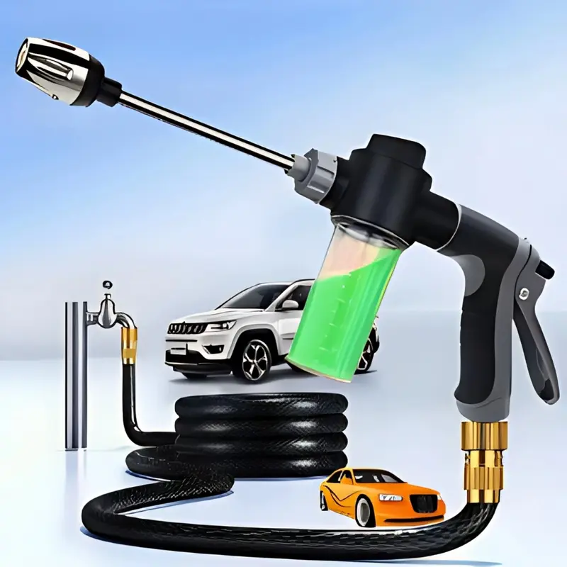 Súng xịt rửa áp lực cao cầm tay không dây màu đen, tay cầm dài, đầu phun chỉnh được, có bình tạo bọt và bình xịt, đa năng, không kèm pin