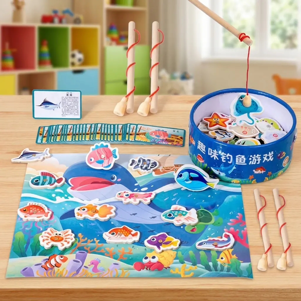 TOYSCAB Montessori 木制磁性钓鱼玩具套装，31件，带数字计数，男孩女孩适用，天然木材