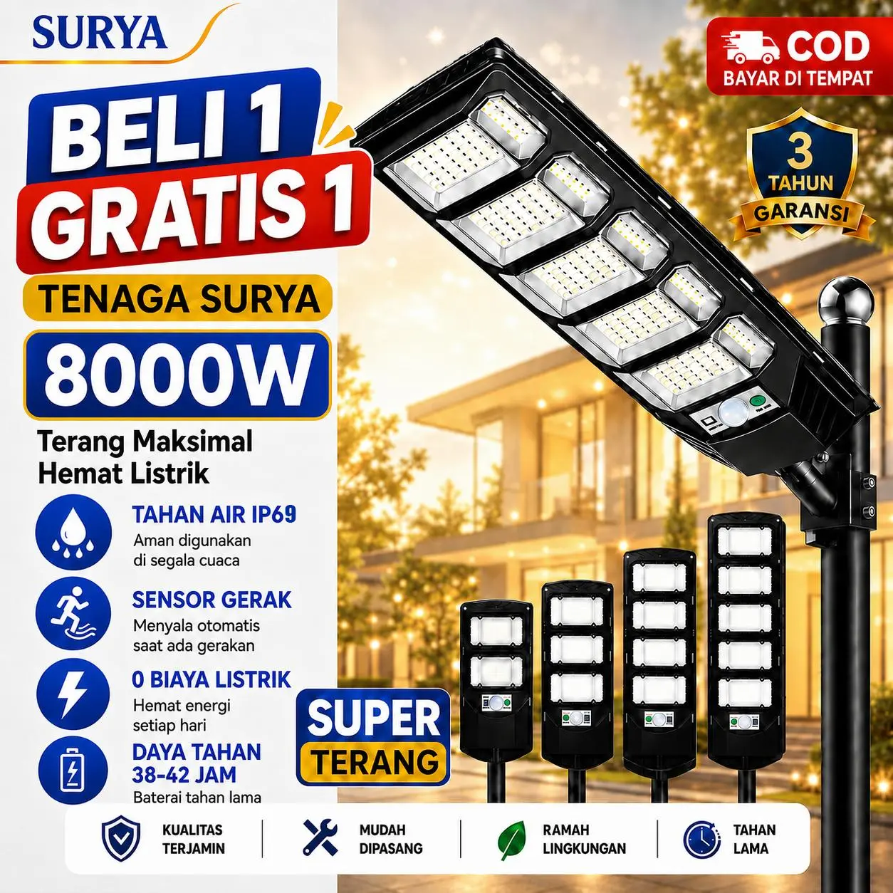 Lámpara solar LED automática para exterior y alumbrado público, 8000 W/16000 W, resistente, con 3 años de garantía