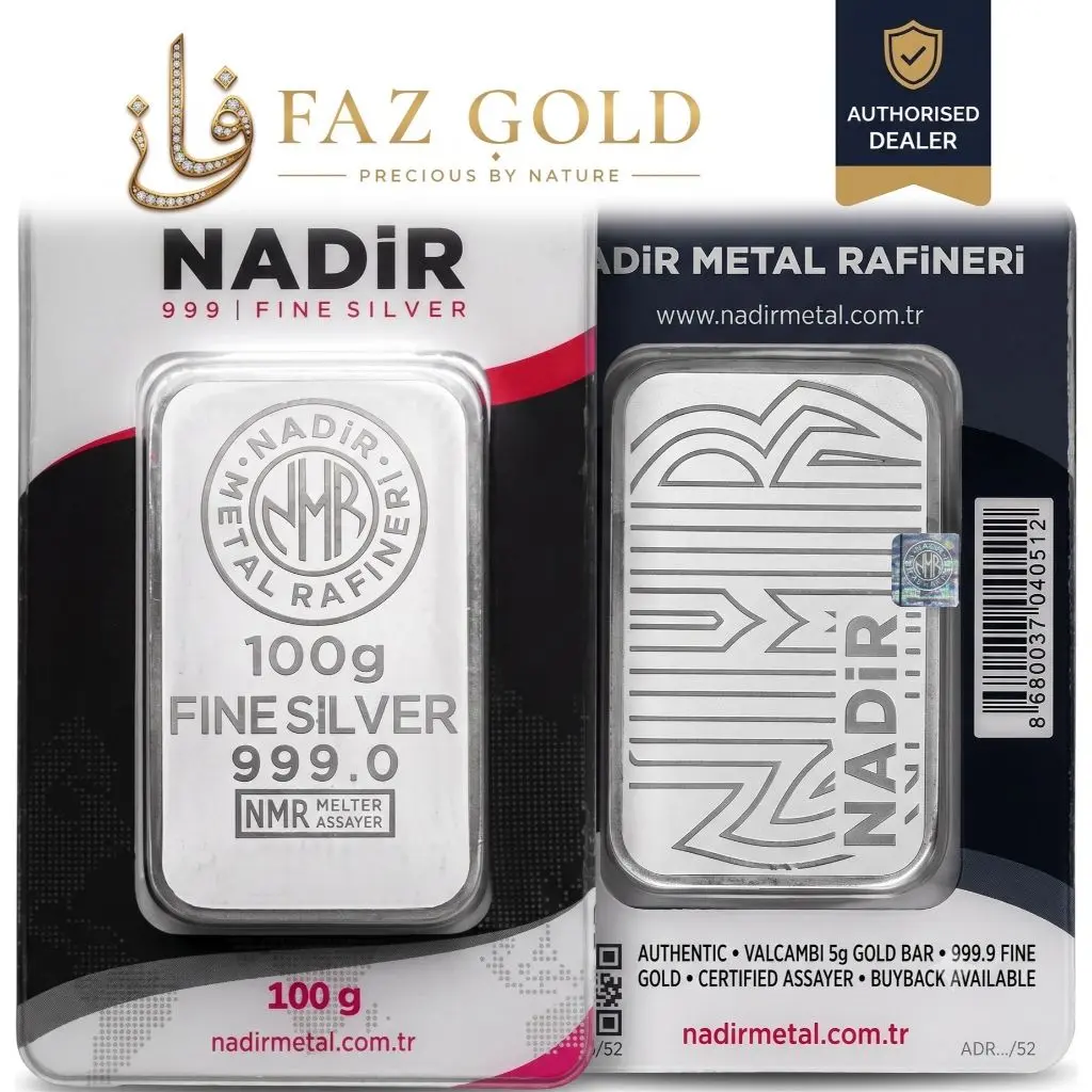 Nadir geprägter Silberbarren, 100 g, 999 Feinsilber, LBMA-zertifiziert