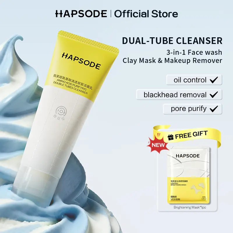 Hapsode Dual-Tube, nettoyant visage 3-en-1 aux acides aminés 80 g : nettoyant, démaquillant et masque à l’argile à double compartiment, contrôle doux du sébum, élimination des points noirs et réduction de l’apparence des pores