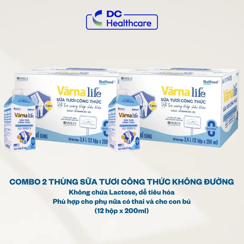 (CB2 MỚI SỮA XƯƠNG KHỚP VỊ TỰ NHIÊN) COMBO 2 THÙNG TPBS 12 hộp 200ml Nutifood Varna Life (Xanh biển) Sữa tươi công thức hỗ trợ xương khớp chắc khỏe Bổ sung thêm Canxi, D3, K2 không đường (24 hộp x 200ml)