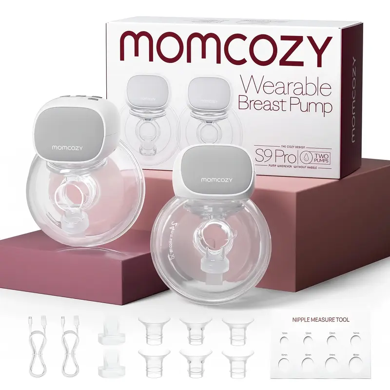 Momcozy S9 Pro Upgraded Hands-Free Wearable Double Electric Breast Pump, Longer Battery Life, LED Display, 2 Modes and 9 Levels, 24mm, Pack of 2, Grey