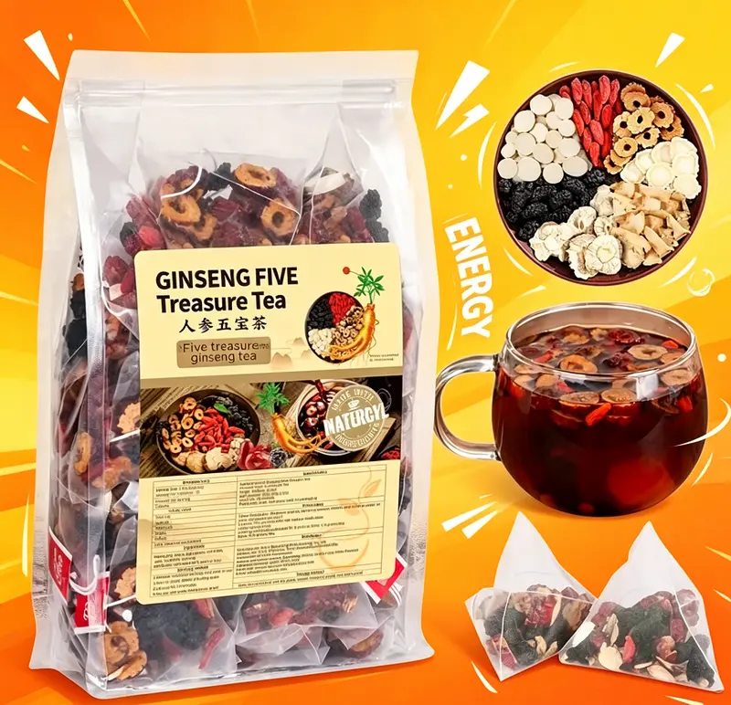 Five Treasure Ginseng Kidney Tea Formula, Organic Herbal Cleanse Tea for Men and Women
