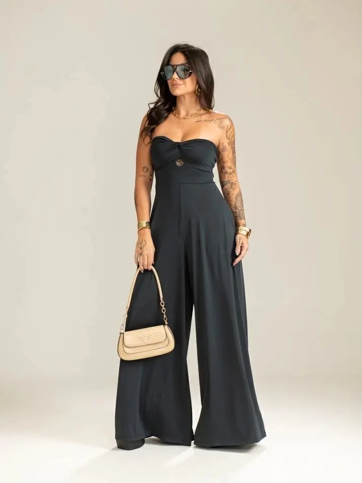 Combinaison pantalon large bustier à buste torsadé Atalaia, tissu Romantic