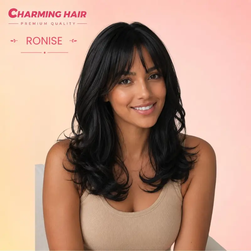 RONISE short wavy wig with bangs, premium organic fiber, CHARMING HAIR ANJOPLUS