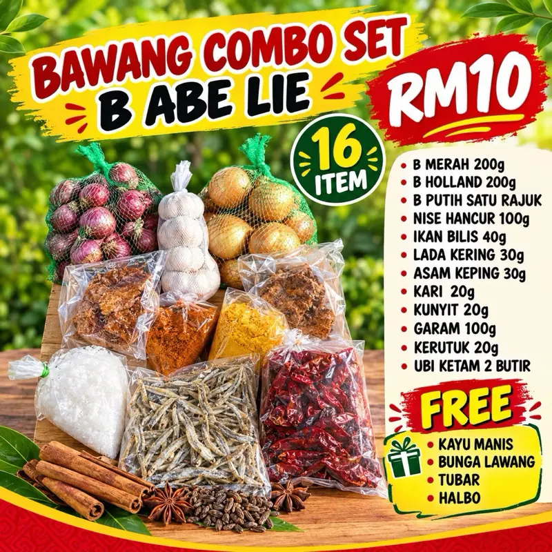 Bawang kombo set B abe lie 16item free Ketumbar Kayu manis Bunga lawang Halba campur