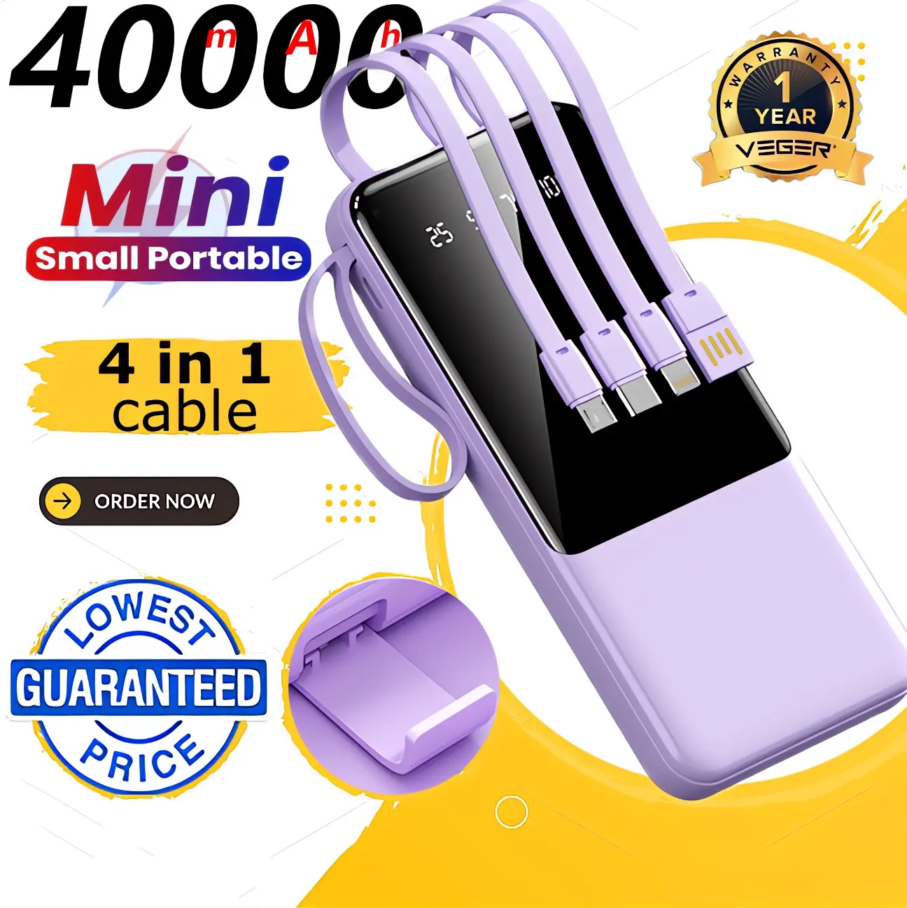 4-in-1 40,000 mAh Mini Power Bank with Built-In Cable, 65 W PD Fast Charging, USB-C, Dual Ports, Plastic Shell and Silicone Case for Detachable Cable