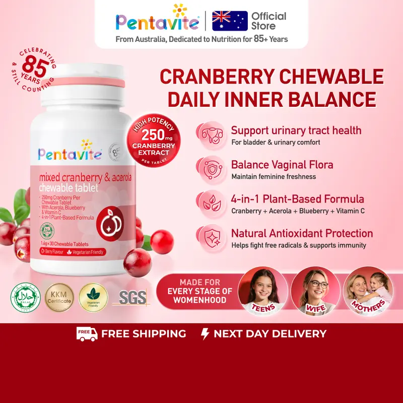 Viên nhai Pentavite Cranberry cho phụ nữ, chăm sóc vùng kín, UTI và mùi, Vitamin C và 250mg chiết xuất nam việt quất cô đặc | 30-90 viên